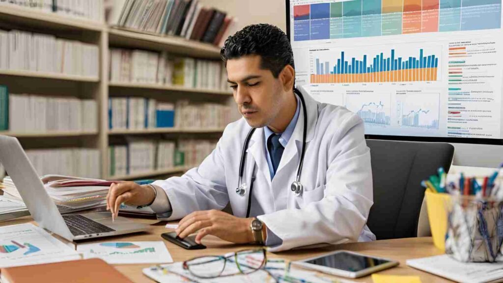 A healthcare professional working at a desk surrounded by books, a laptop with SEO graphs, and keyword lists.