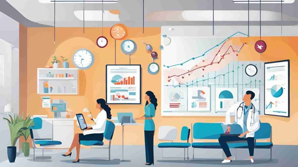 A thriving healthcare practice with a full waiting room, digital marketing graphs showing upward trends, and a doctor smiling confidently.