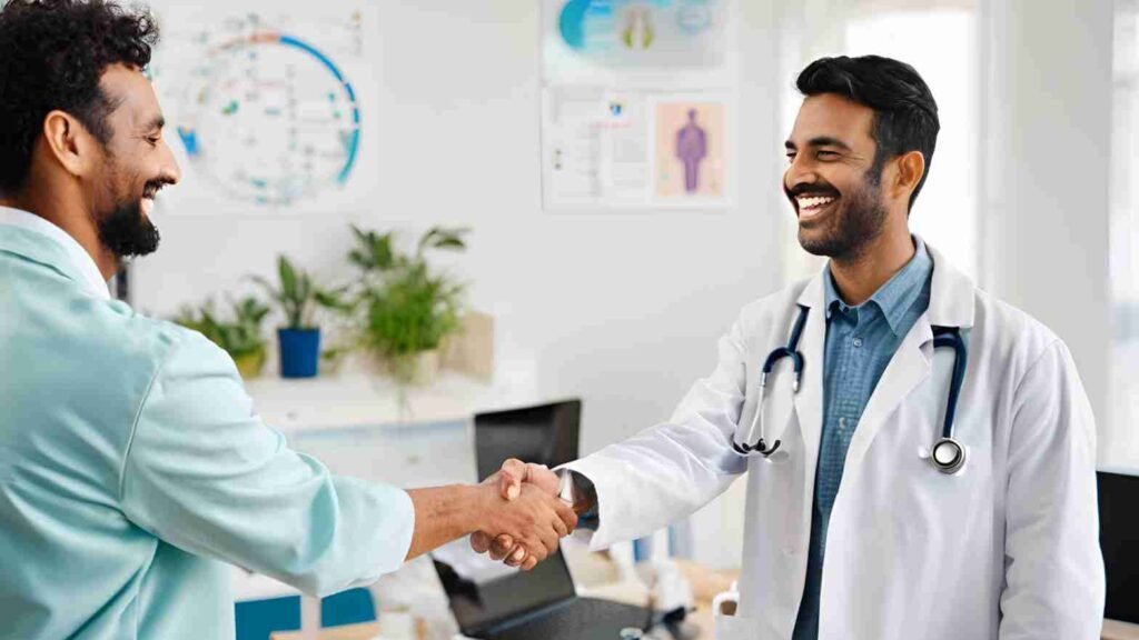 A happy doctor shaking hands with a new patient, with digital icons representing increased online visibility, credibility, and patient engagement in the background.