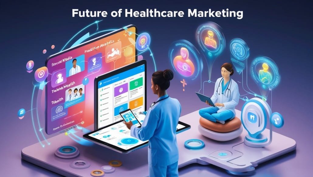 A futuristic healthcare setting where a medical professional interacts with digital marketing tools, showcasing elements of the Future of Healthcare Marketing such as AI, telehealth, and patient engagement.