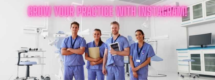 A group of confident, smiling doctors in lab coats holding smartphones, standing in a modern clinic or hospital setting. Overlay text: "Grow Your Practice with Instagram!"