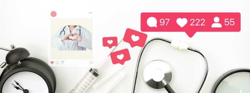 A phone displaying an Instagram profile with posts about health tips, next to a stethoscope and a notebook. Include icons for likes, comments, and shares.