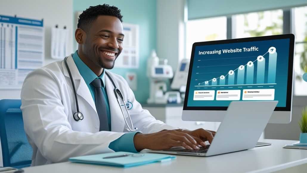 A doctor using professional search engine optimization services to improve healthcare website visibility.