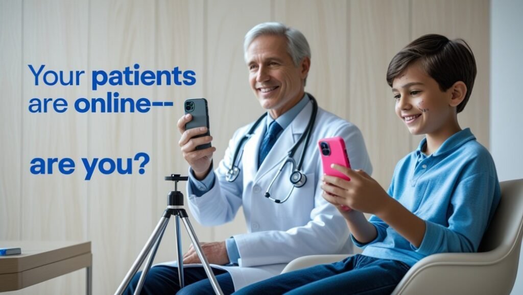 A doctor recording a Q&A session on Instagram while a young patient watches and smiles.