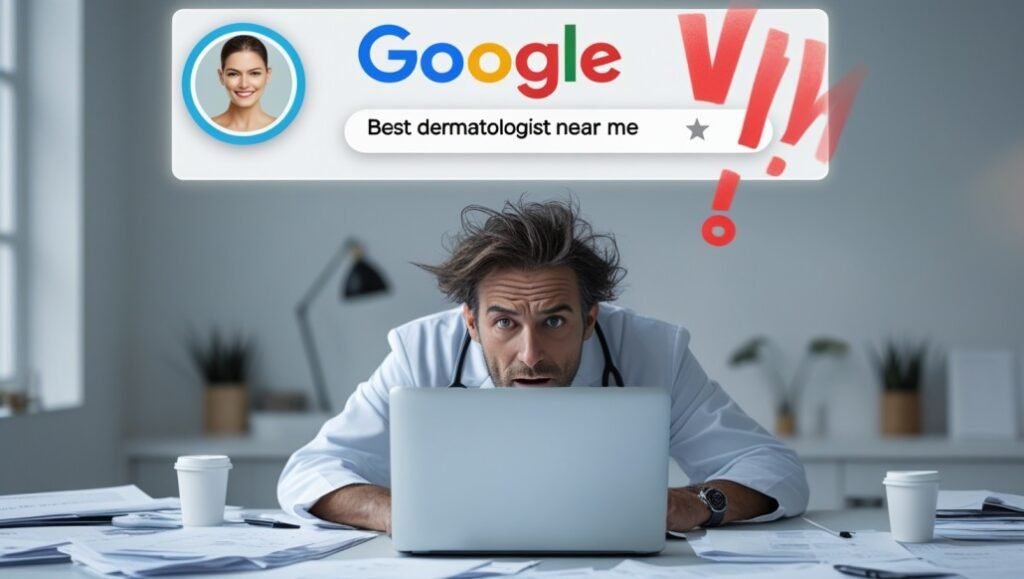 A Google search result for “Best dermatologist near me,” showing a highly optimized profile at the top and a frustrated doctor at the bottom.