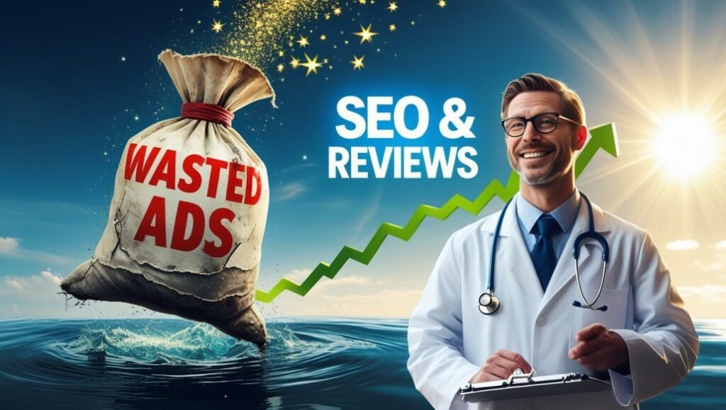 A sinking bag of money labeled “Wasted Ads,” while another bag labeled “SEO & Reviews” rises like a rocket.